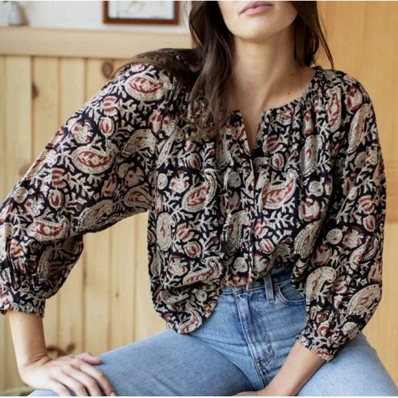 Emerson Fry Tops - INDIA COLLECTION EMERSON FRY Lucy 2 Top Small Paisley Black Clay Peasant Blouse